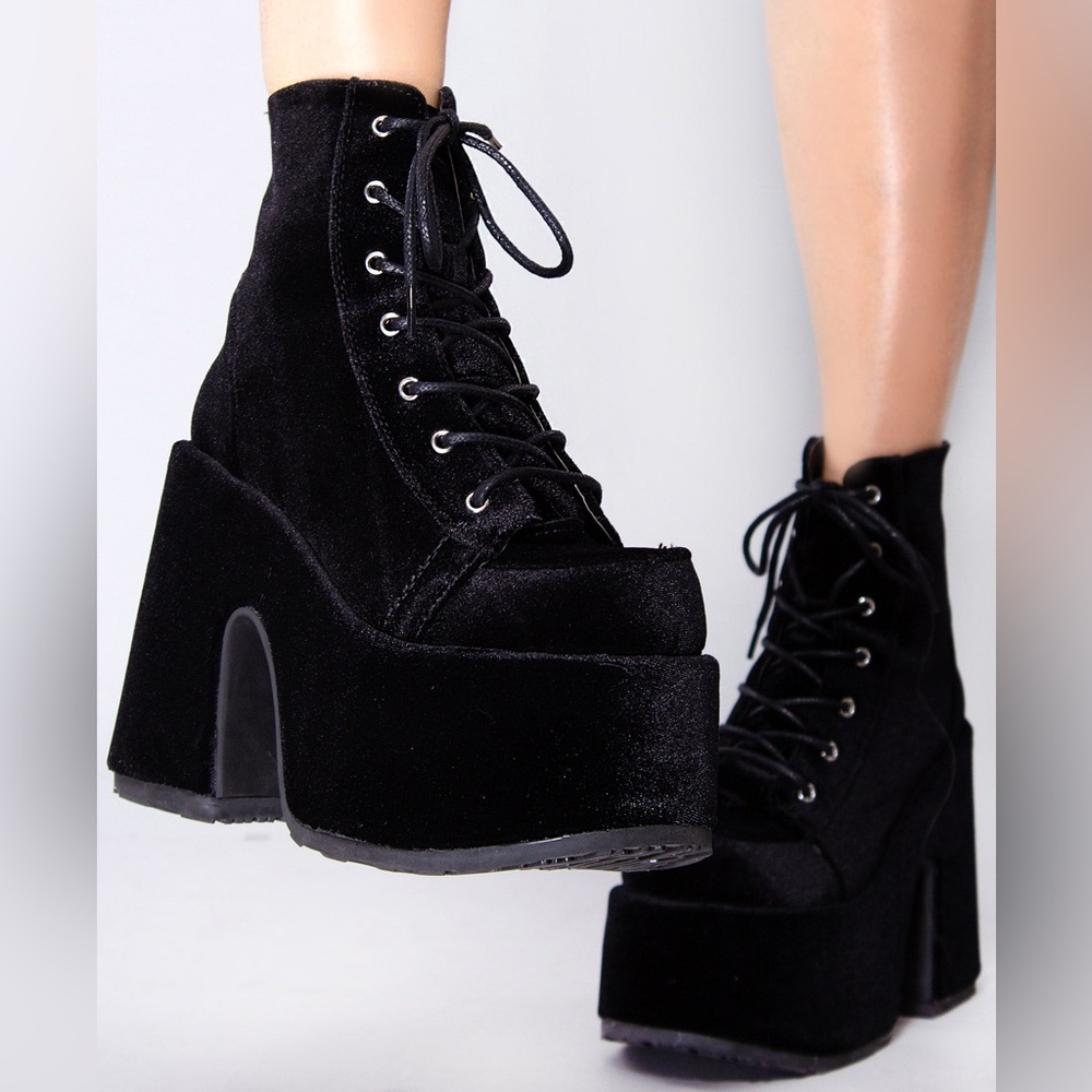 Demonia Black Velvet Platform Lace-Up Heeled Boots